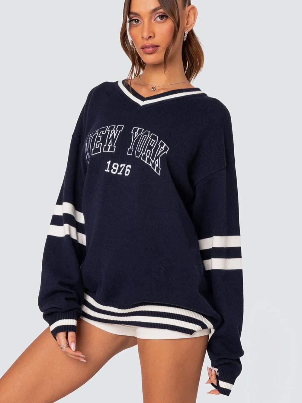 Edikted Navy and White V-Neck 'New York 1976' Sweater